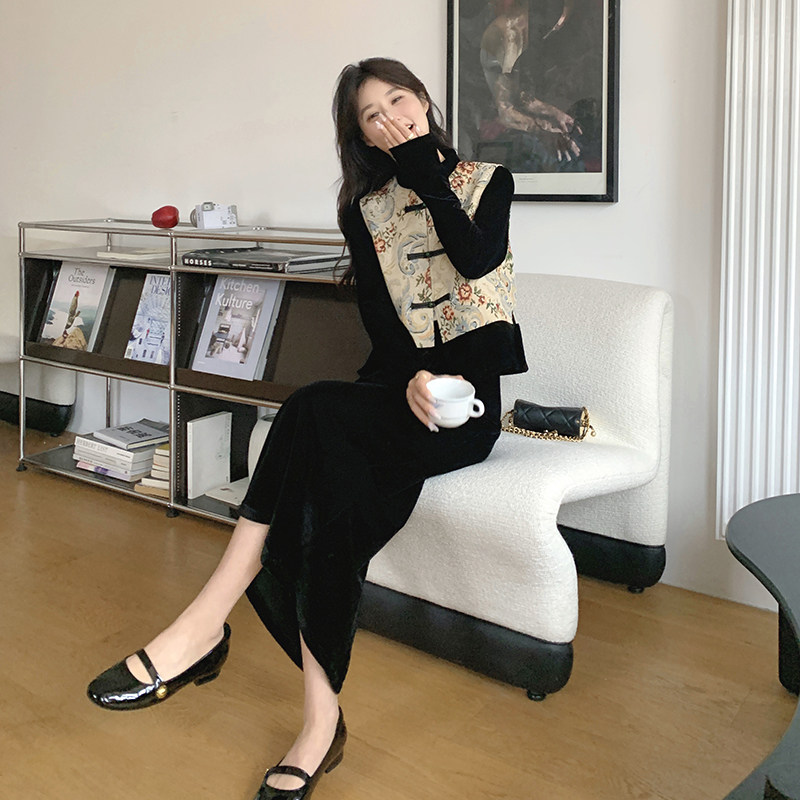 新中式刺绣马甲黑色丝绒连衣裙套装女春季2025新款气质高端两件套,女装套装/套裙,2C098