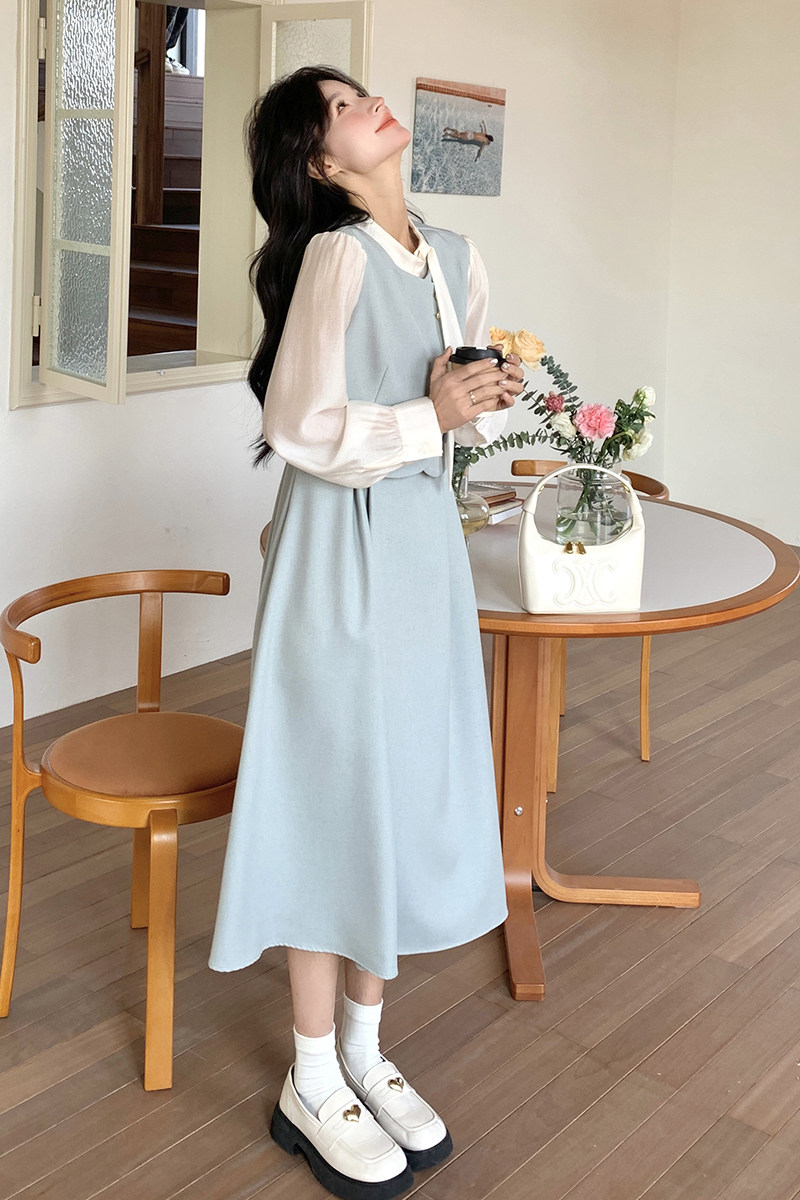 蓝色拼接假两件连衣裙女2025春季新款法式高级感气质显瘦a字长裙,女装连衣裙,2C218