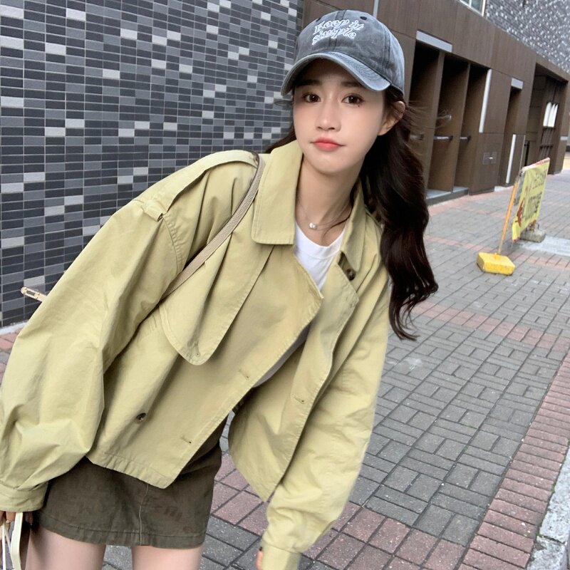 2026新款春装小个子复古绿卡其风衣短款2318p135k188,女装风衣,2D009