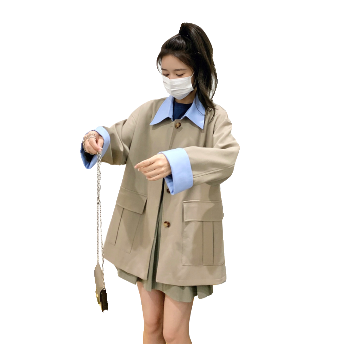 撞色拼接翻领风衣外套女2024秋季新款韩版宽松中长款休闲百搭上衣,女装西装,2C032