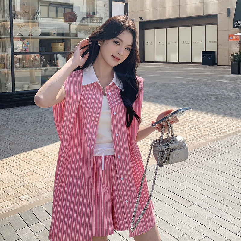 条纹休闲时尚套装女夏季2025新款无袖衬衫上衣高腰短裤减龄两件套,女装套装/套裙,2C112