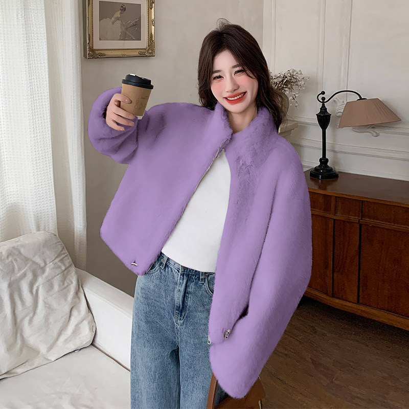 高级感韩系立领皮毛一体外套女2024冬季新款宽松加厚保暖开衫上衣,女装短外套,1D066-1