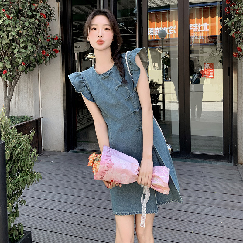 新中式盘扣飞袖牛仔裙女2025夏季新款设计感复古国风气质甜美裙子,女装连衣裙,2C057