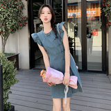 新中式盘扣飞袖牛仔裙女2025夏季新款设计感复古国风气质甜美裙子，女装连衣裙，2C057