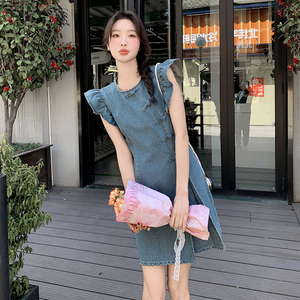 新中式盘扣飞袖牛仔裙女2025夏季新款设计感复古国风气质甜美裙子图片