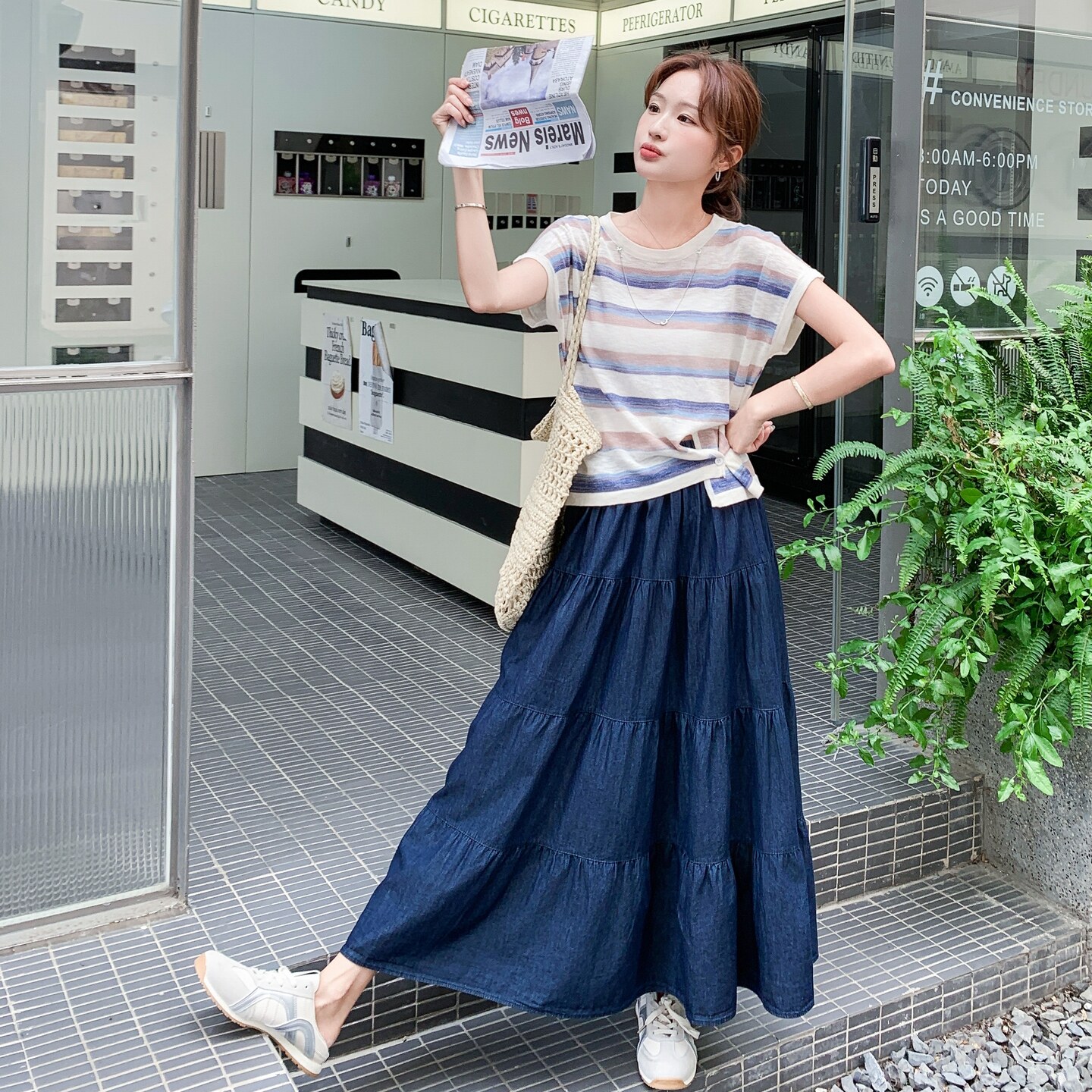 现货:夏装新款韩系条纹上衣牛仔半身裙两件套2C135-8865P145K218,女装套装/套裙,2C135