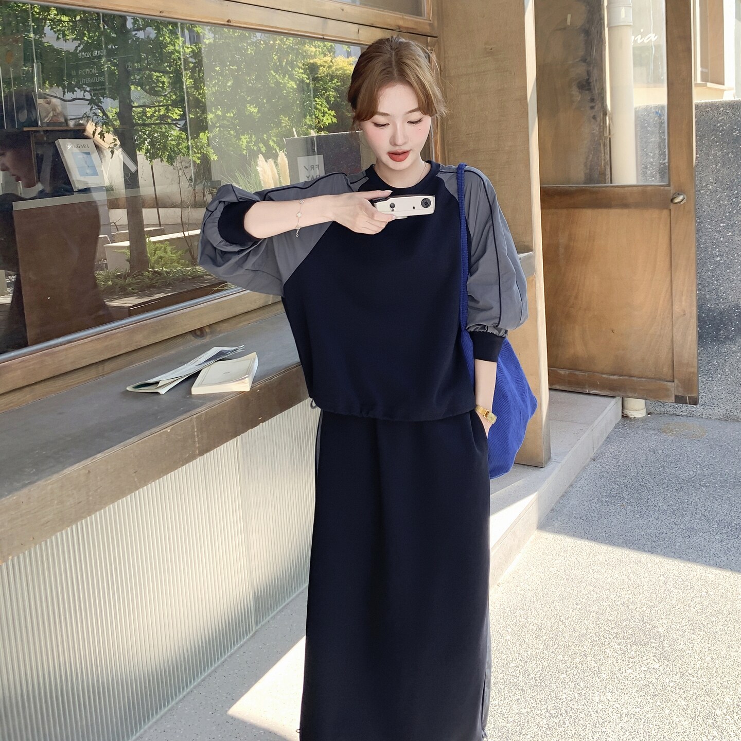 个性设计感撞色圆领卫衣套装女春秋ins潮牌休闲运动半身裙两件套,女装套装/套裙,2C166