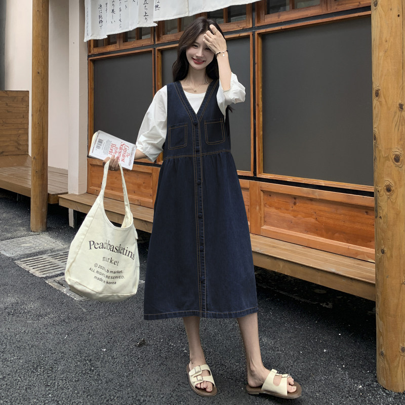 超火高级感穿搭T恤配无袖牛仔连衣裙女夏减龄背心连身长裙两件套,女装套装/套裙,2C131