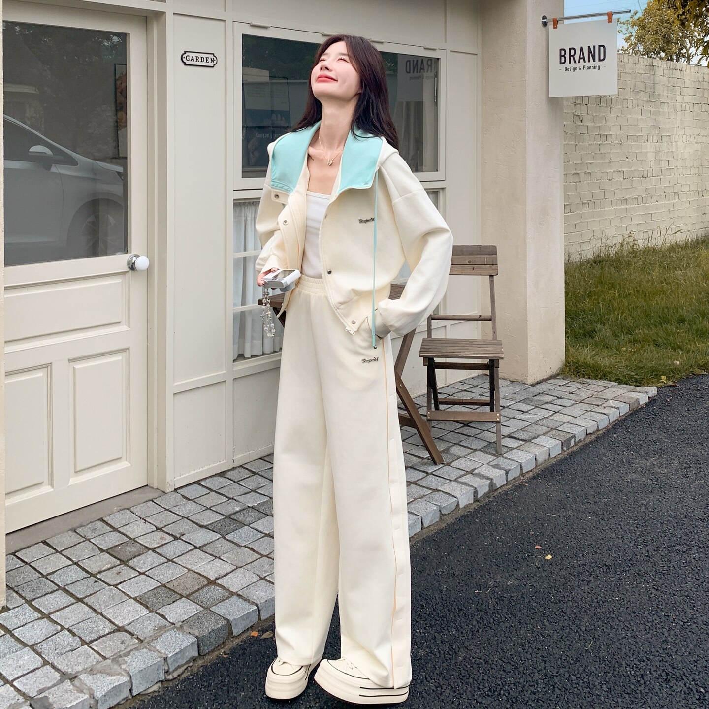 学院风休闲运动套装女2025春秋新款韩版显瘦连帽卫衣阔腿裤两件套,女装套装/套裙,2C375