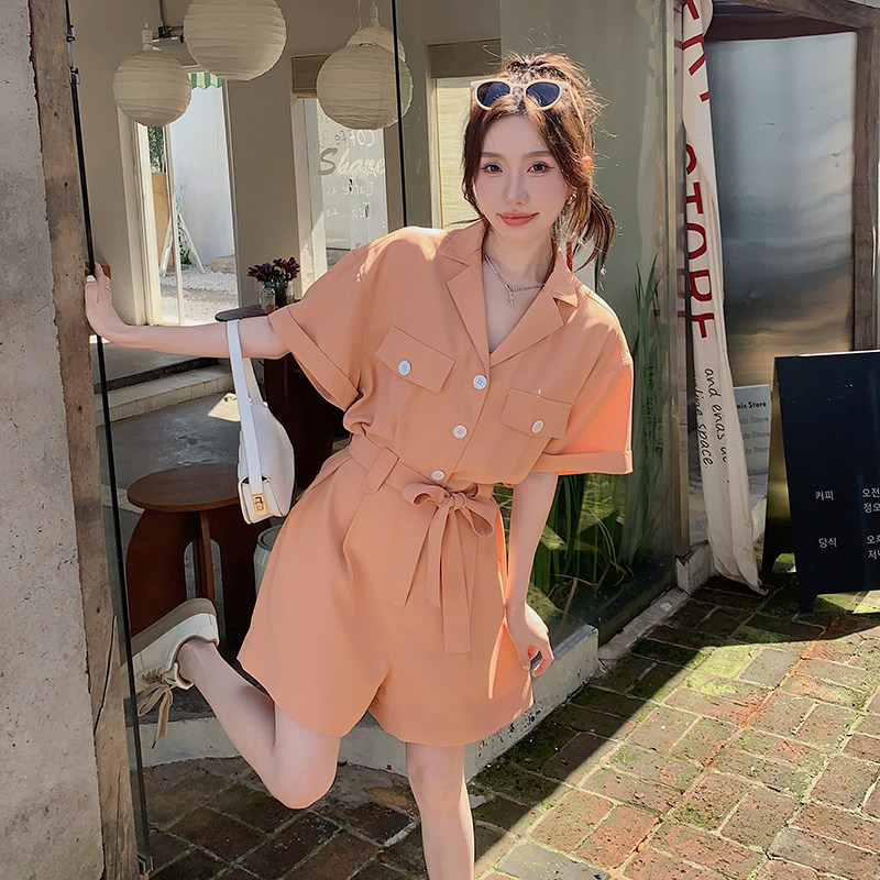 橘粉色西装连体短裤女2023夏季新款法式设计感气质高级连衣裤图片