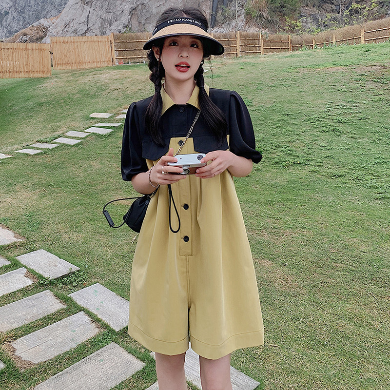 撞色拼接连体裤套装女夏季2024年新款设计感小众显瘦宽松连衣短裤图片