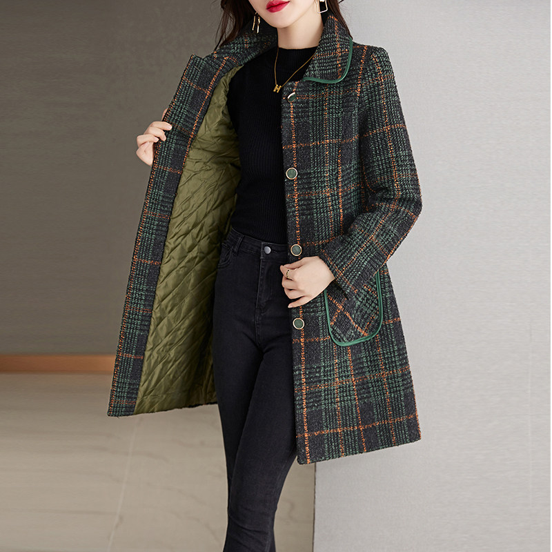 时尚撞色包边格纹加棉呢料大衣,女装棉衣/棉服,乐衣轩