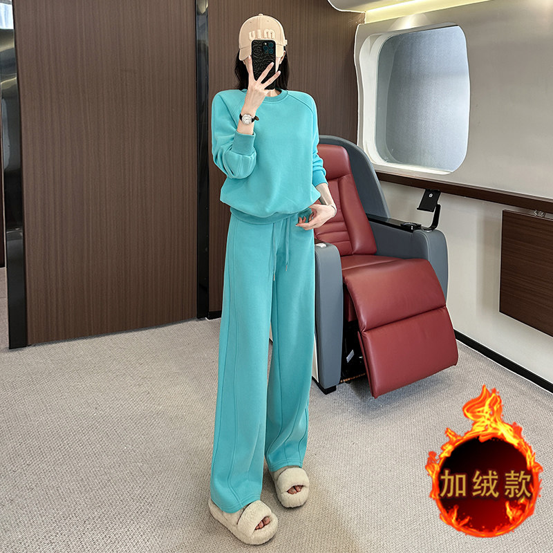 女秋冬季洋气减龄加绒卫衣阔腿裤套装,女装套装/套裙,2C310