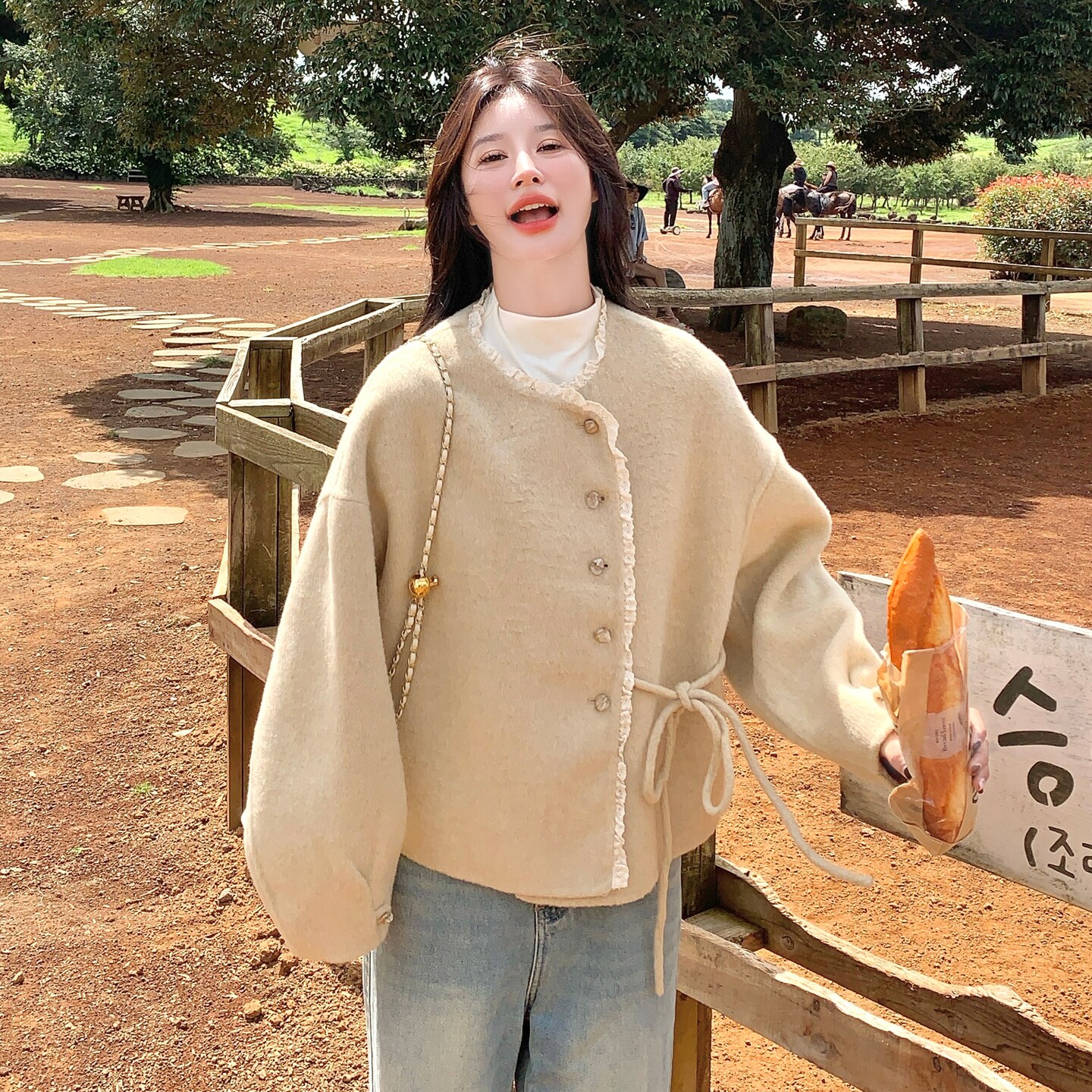 小香风蕾丝花边拼接双面羊毛大衣女短款2025新款减龄百搭毛呢外套,女装毛呢外套,2C298