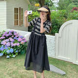 法式甜美条纹拼接连衣裙女2025夏季新款韩版宽松显瘦假两件长裙子，女装连衣裙，2C098