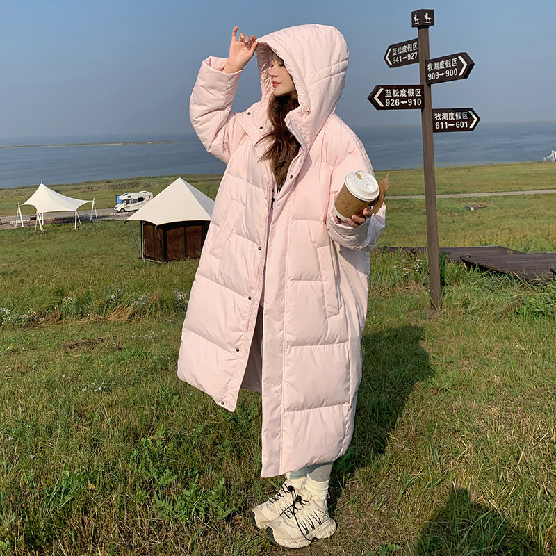粉色甜美减龄羽绒服女2024冬季新款长款过膝超好看加厚白鸭绒外套图片