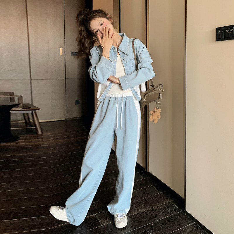 牛仔拼接休闲运动套装女2025春秋季新款韩系宽松显瘦阔腿裤两件套,女装套装/套裙,2C266