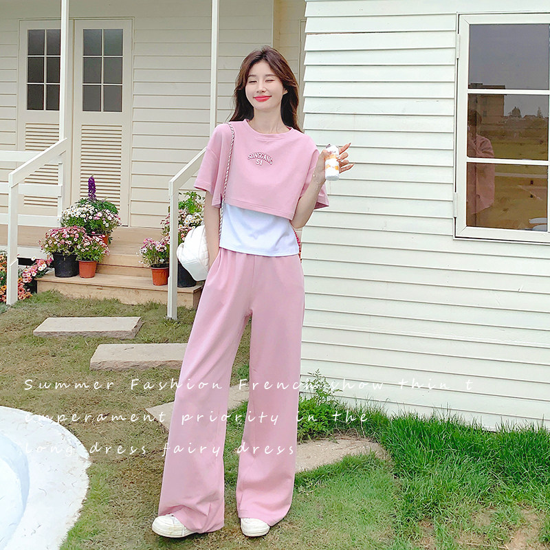 新款 现货 夏季粉色休闲运动三件套女2C052-T99-P125-K178图片