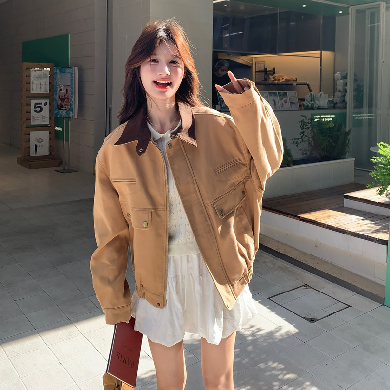 新款宽松工装风夹克减龄复古撞色翻领短外套2B235-9167-P175-K268,女装短外套,2B235