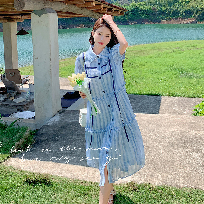 蓝色条纹衬衫连衣裙女2025夏季新款设计感小众宽松减龄小个子裙子,女装连衣裙,2C018