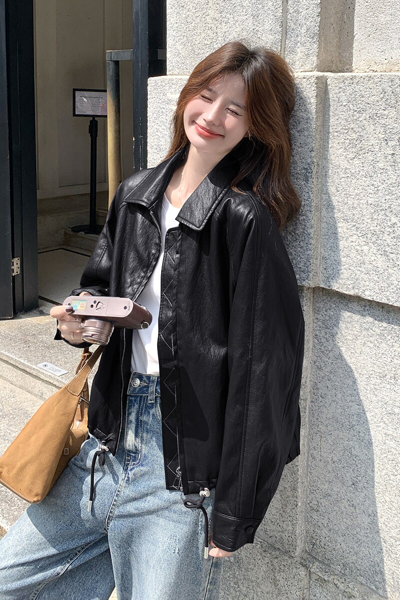 港式复古咖色减龄皮衣短外套女春秋2025新款小个子酷飒风PU皮夹克,女装皮衣,衣珂纱朗