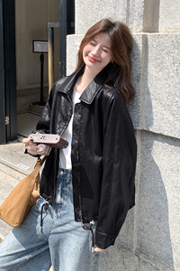 港式复古咖色减龄皮衣短外套女春秋2025新款小个子酷飒风PU皮夹克图片
