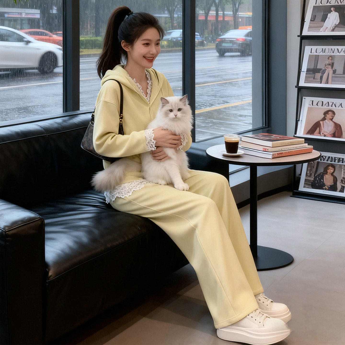 高级感休闲运动套装女秋款连帽短款卫衣内搭蕾丝背心阔腿裤三件套,女装套装/套裙,2C310