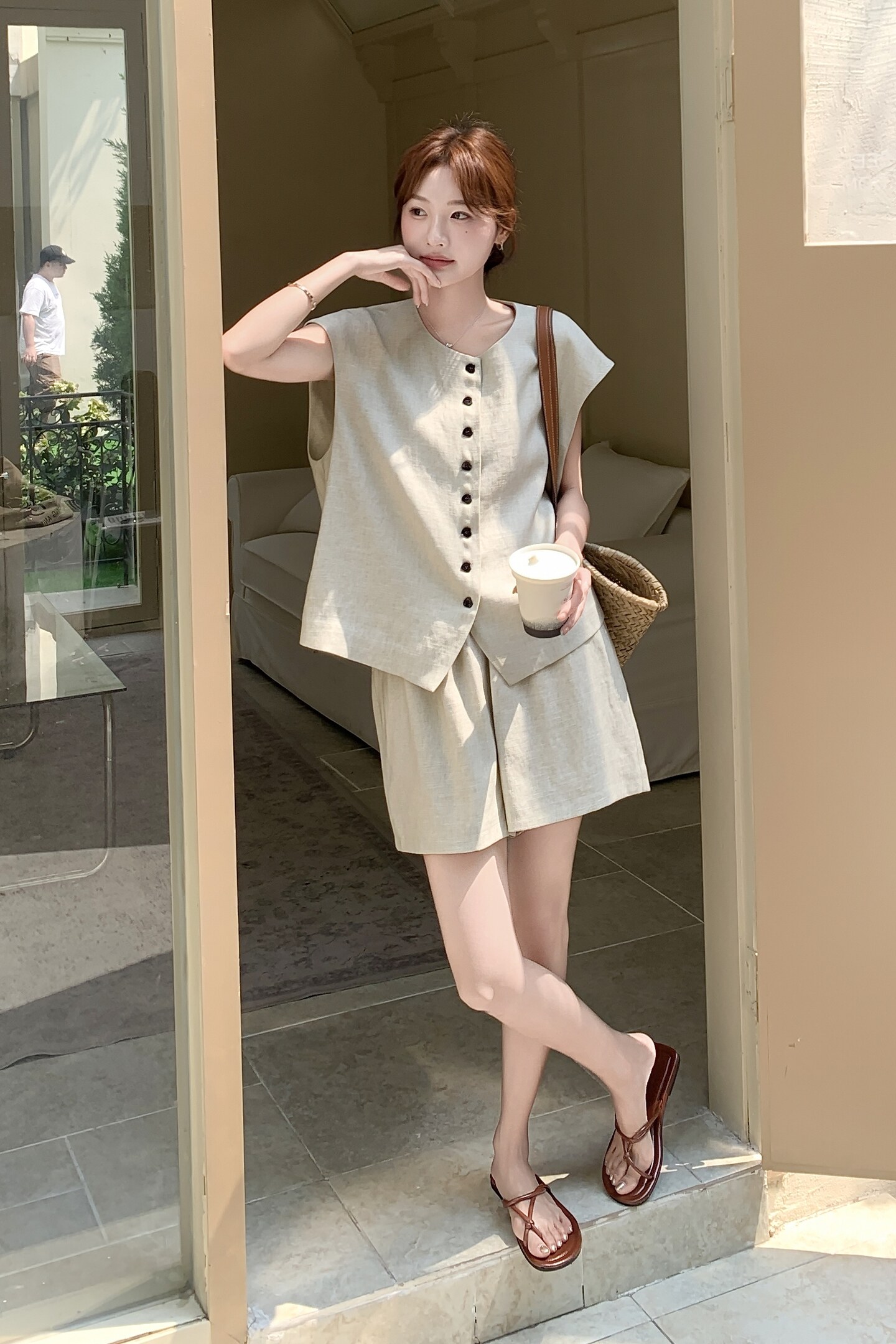 韩系chic气质单排扣马甲阔腿短裤两件套女2025夏季新款高级感简约,女装套装/套裙,2C159