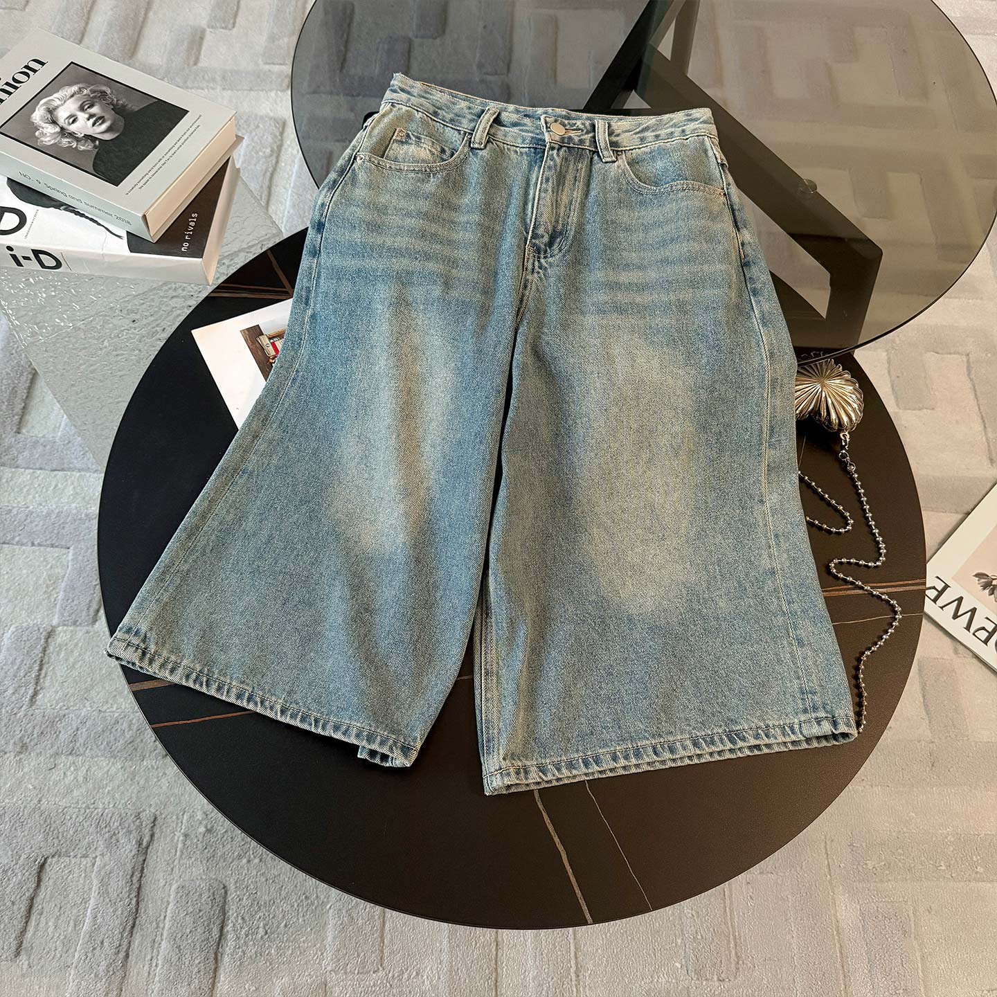 高级感时尚休闲套装夏圆领刺绣蕾丝拼接假两件上衣牛仔中裤两件套,女装套装/套裙,2C310