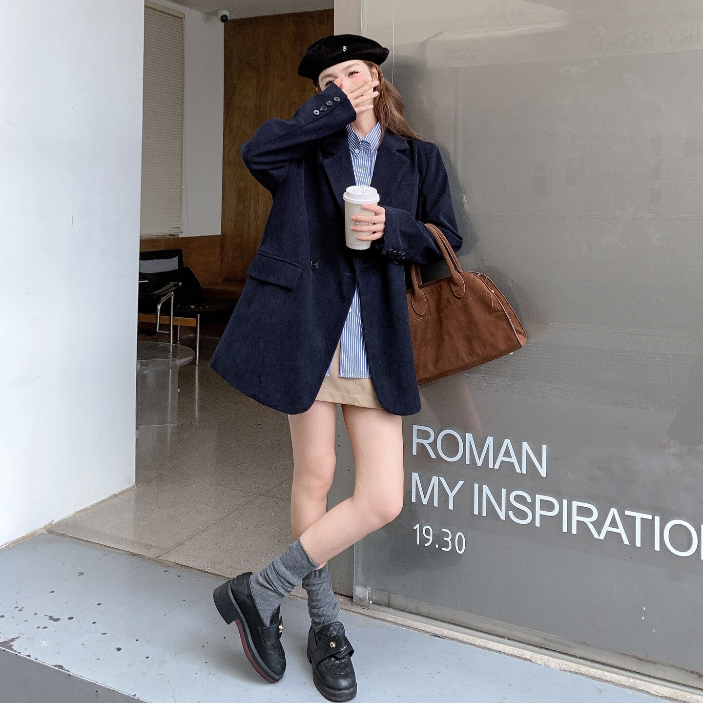 藏青色休闲西装外套女2025秋季新款韩系高级感小个子气质时尚西服,女装西装,2D008