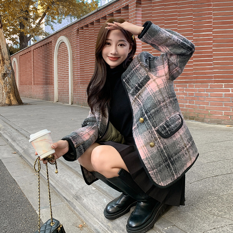 灰粉格子羽绒服内胆小香风外套女冬季2025新款短款小个子赫本风图片