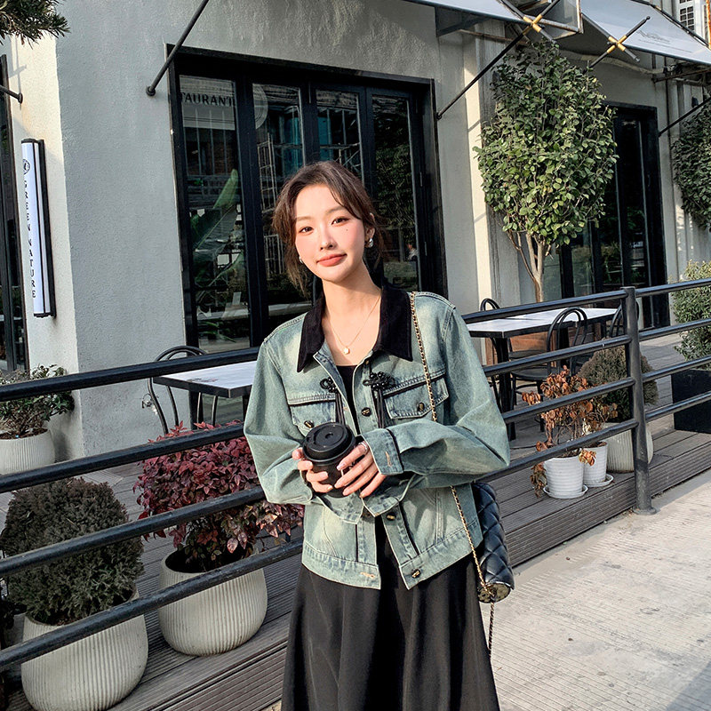 超火miu系穿搭卫衣连衣裙女春秋2025新款韩系chic牛仔拼接长裙子,女装短外套,2C233
