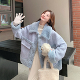 现货！2025冬季款羊羔毛拼接蓝色毛呢外套2C056-6851-P180控268，女装毛呢外套，2C056