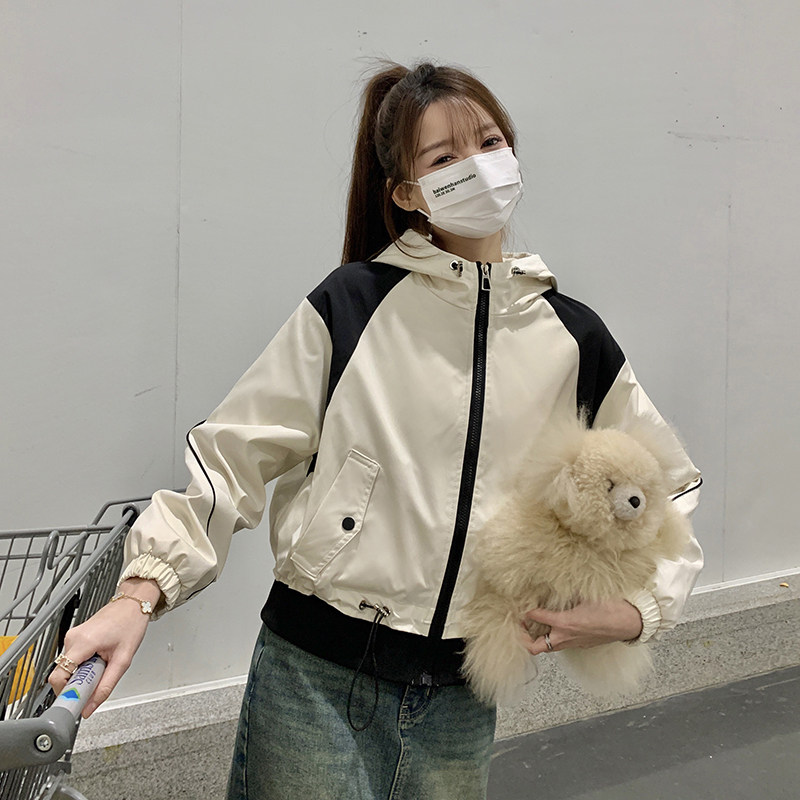 韩版撞色拼接连帽外套春季女2025新款休闲宽松设计感显高短款上衣,女装风衣,2C218