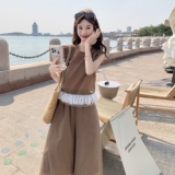 2025韩系甜美套装褶皱纯色无袖衬衫女夏季高腰休闲裤裙裤两件套，女装套装/套裙，2C166