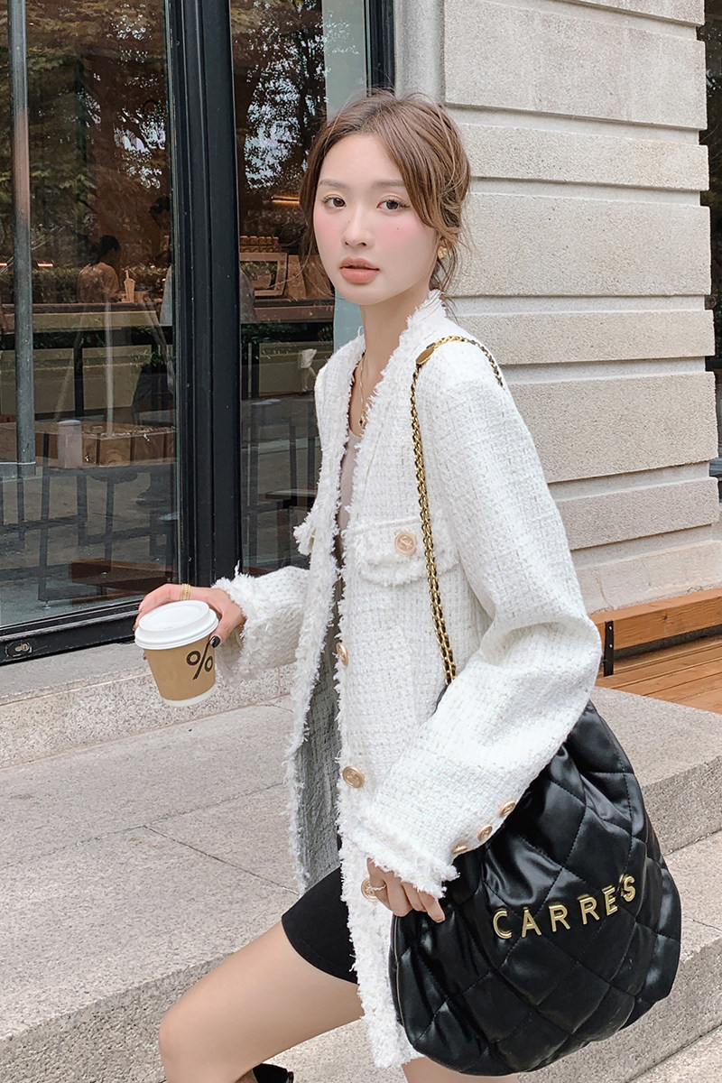 白色v领小香风外套女2025春季新款法式气质显瘦超好看粗花呢上衣,女装短外套,2C269