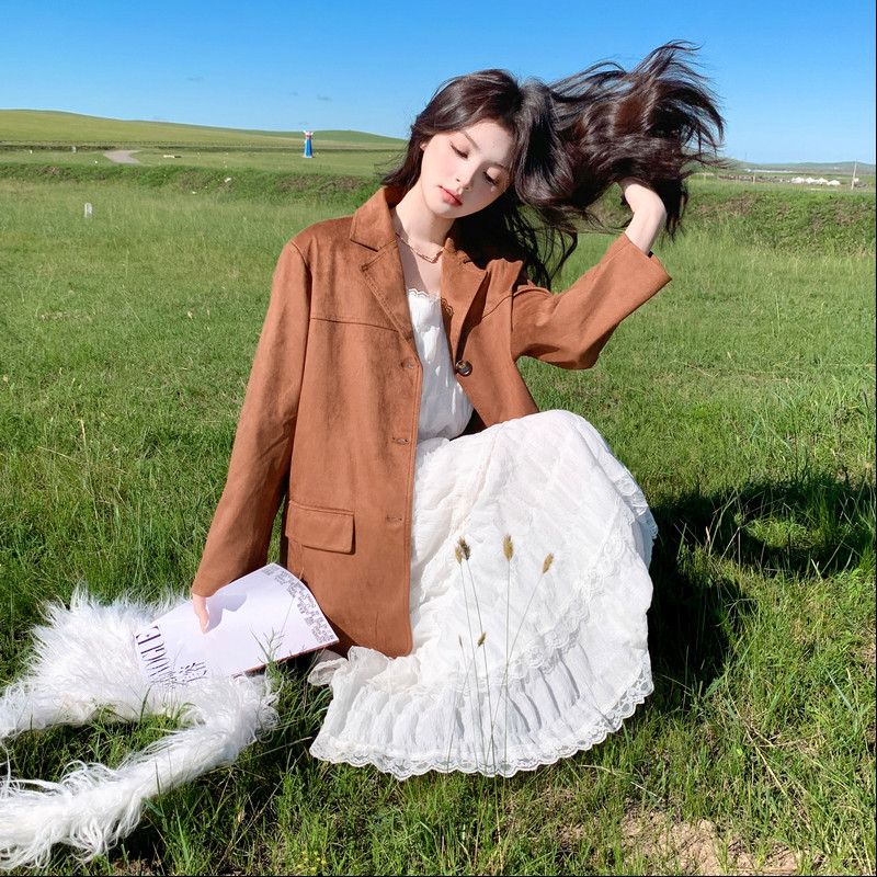 美拉德麂皮绒西装外套女2025秋季新款韩系高级感气质复古短款上衣,女装西装,2C087