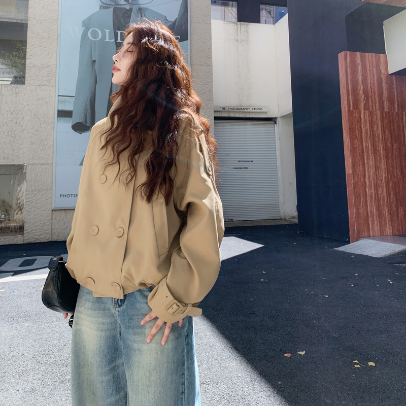 时髦酷飒风高级感风衣外套女2025秋季日系双排扣百搭立领短款上衣,女装风衣,2C086