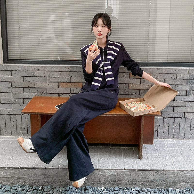 韩系套装女2025秋季新款一整套穿搭条纹披肩卫衣外套阔腿裤两件套,女装套装/套裙,2C277