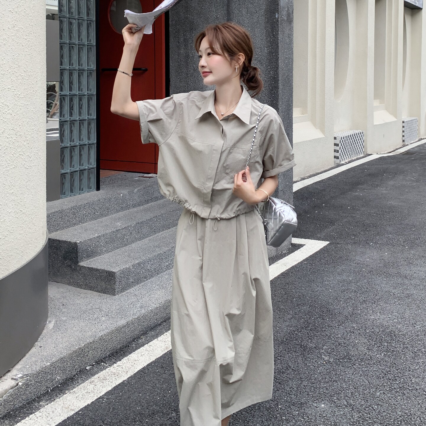 韩系复古休闲套装裙女2025夏季新款简约百搭衬衫高腰半身裙两件套,女装套装/套裙,2C259