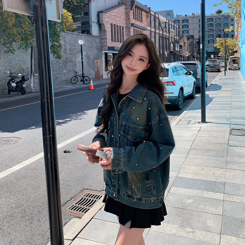 韩版时尚彩色烫钻牛仔外套女2025春秋季新款宽松显瘦气质夹克上衣,女装短外套,2C233