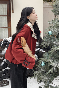 红色连帽炸街派克服女短款冬新款加绒加厚小个子高级感棉衣棉袄图片
