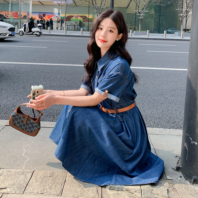 薄款收腰牛仔连衣裙女夏2024新款高级感法式收腰港味复古长裙轻熟,女装连衣裙,2C022