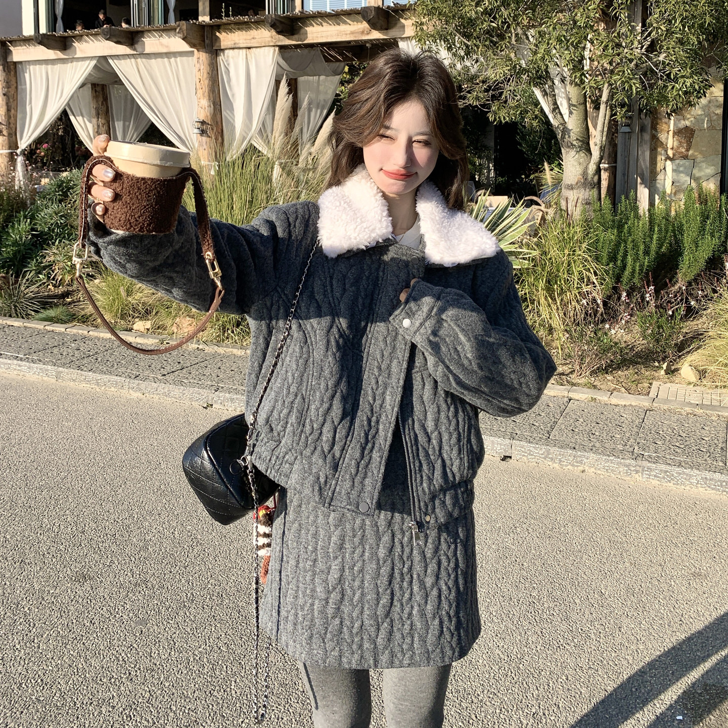 慵懒风毛绒翻领针织套装女秋冬毛衣外套高腰短裙两件套设计感套装,女装套装/套裙,2C166