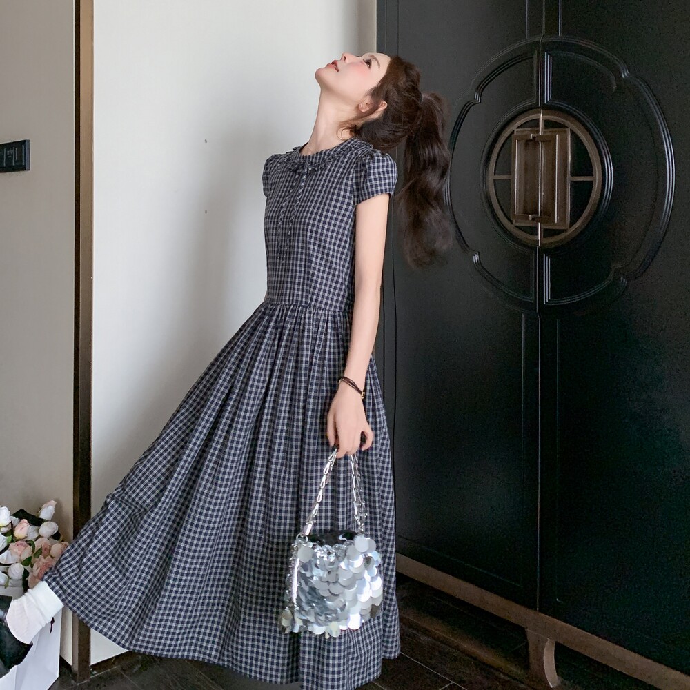法式休闲复古格子连衣裙女夏2025新款绝美学院风减龄爆款流行长裙,女装连衣裙,2C012