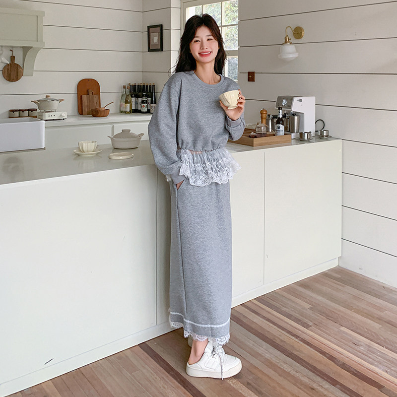 新品灰色慵懒风蕾丝卫衣开叉半身裙时尚套装5861-P150-K218,女装套装/套裙,2C159