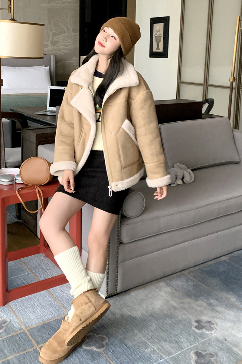 秋冬新款女麂皮绒皮毛一体羊羔毛外套女,女装短外套,2C269