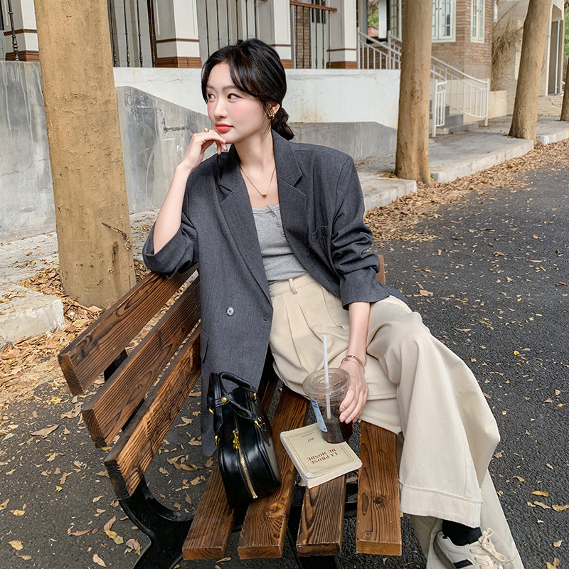 灰色休闲小西装外套女春秋气质小众独特西服轻熟风,女装西装,2C166