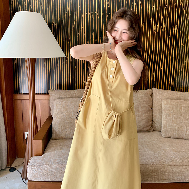 黄色超好看洋气百搭连衣裙女2025夏季新款韩系松弛感减龄无袖长裙,女装连衣裙,2C166