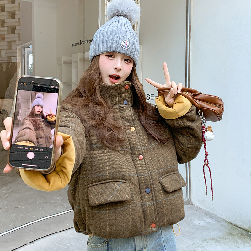 咖色格子短款羽绒服女2025冬季新款小个子加厚90白鸭绒立领面包服,女装羽绒服,2C022